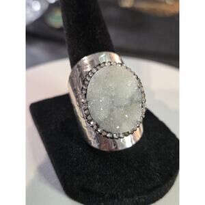 Druzy Agate Silver Tone Ring Dazzling Adjustable With Clear & Black Rhinestones